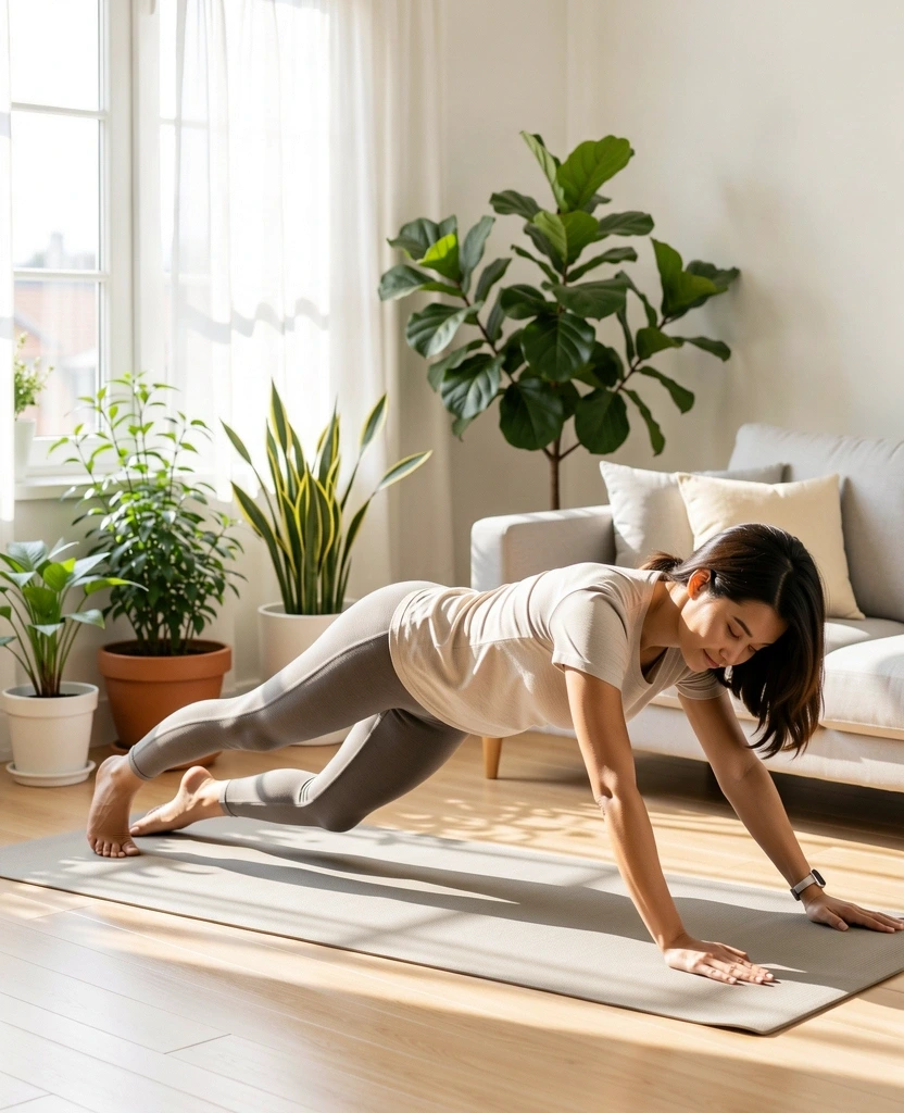 Persona practicando estiramientos suaves al amanecer